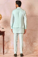Load image into Gallery viewer, Linen Kaantha Stitch Sky Blue Kurta and Bundi Set
