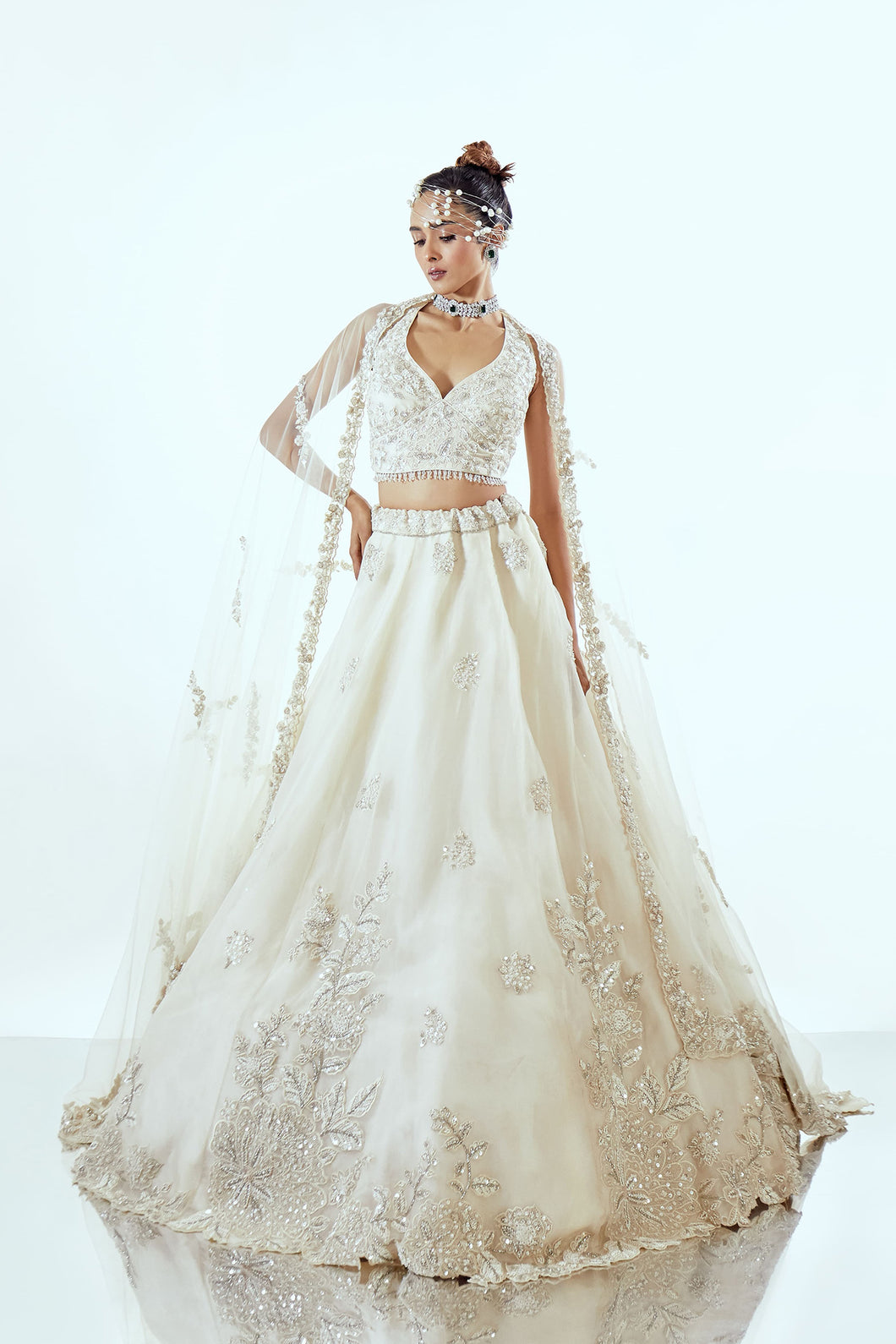DAFFODIL IVORY IVORY - DAFFODIL IVORY ORGANZA LEHENGA SET