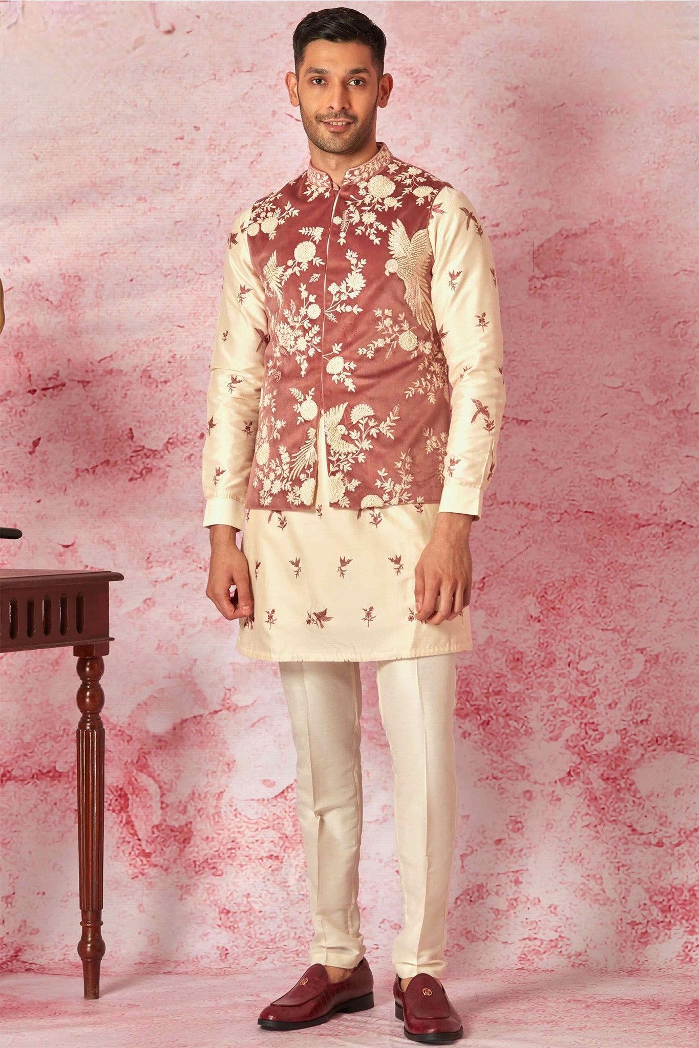 Pink Velvet Bundi with Cream Chanderi Silk Kurta Set