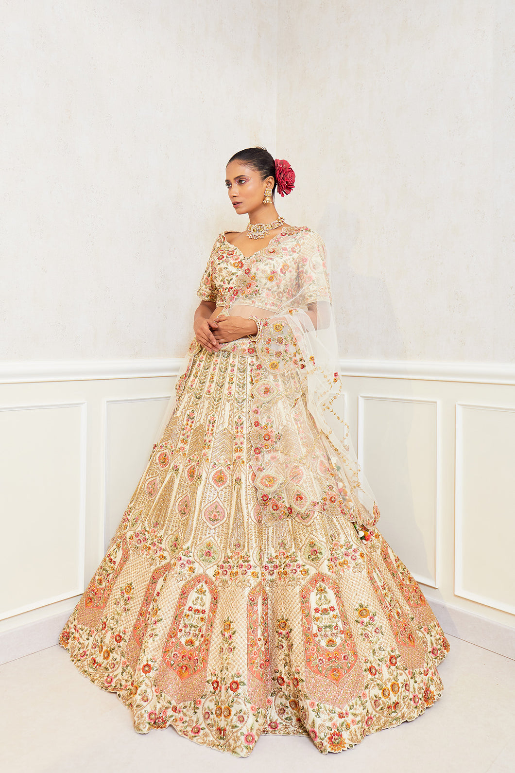 Meena - Ethereal Ivory Raw Silk Zardosi Bridal Lehenga Set