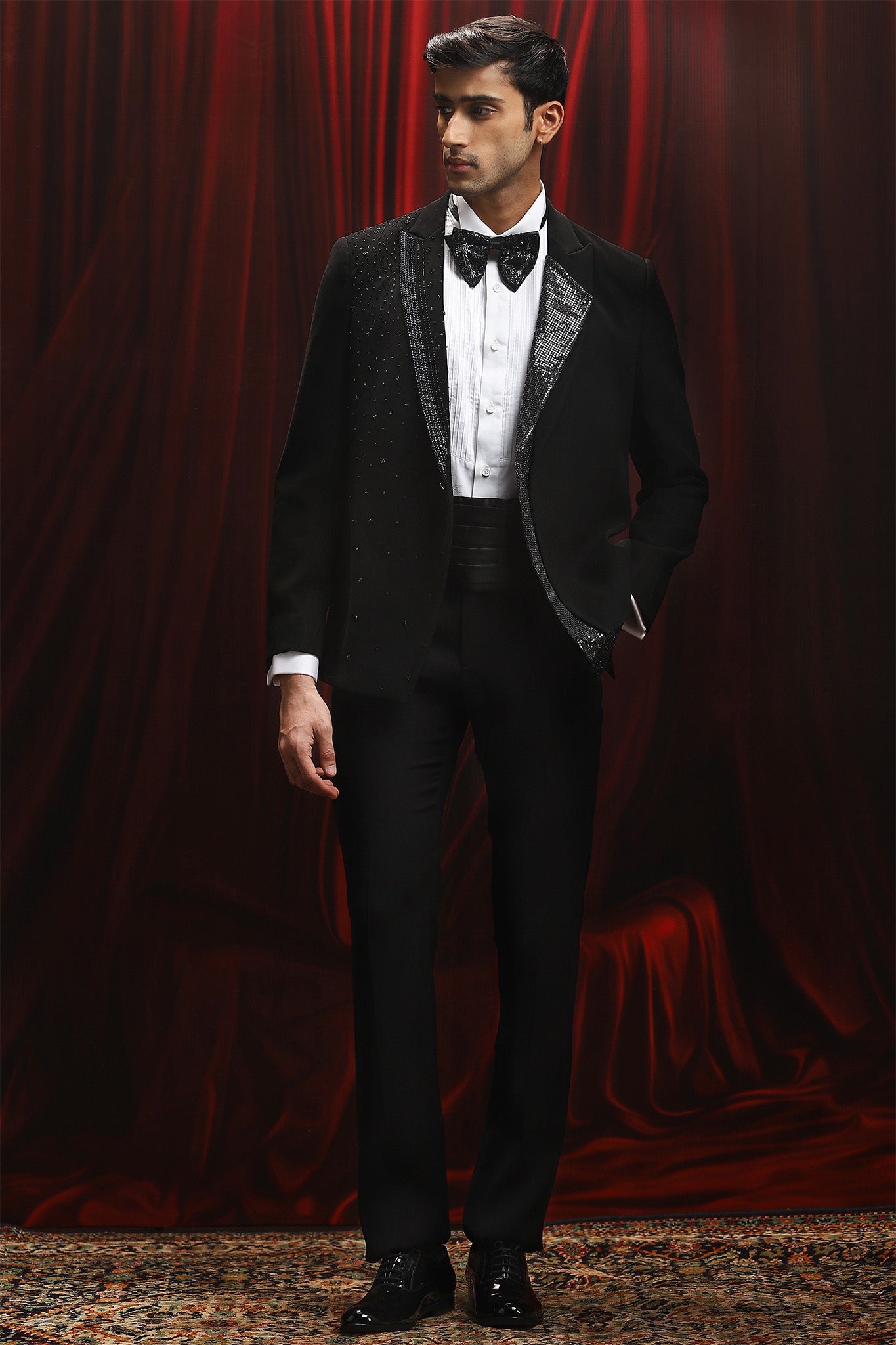 Black Asymmetric Embellished Lapel Tuxedo