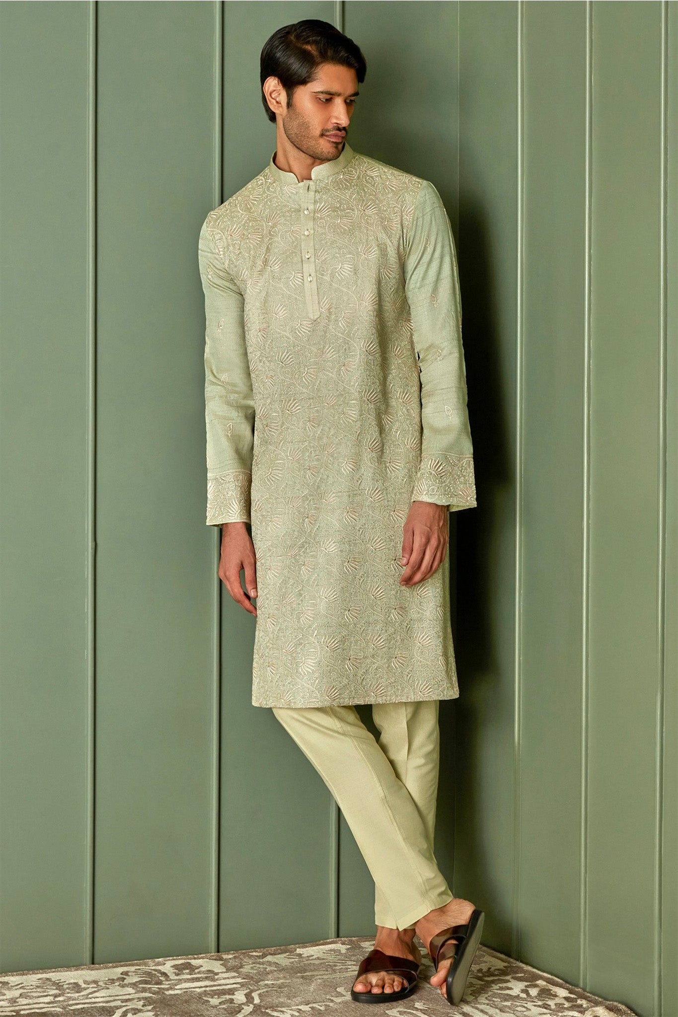 Olive Elegance Tussar Silk Kurta with Resham Embroidery in Gold Floral and All Over Embroidery