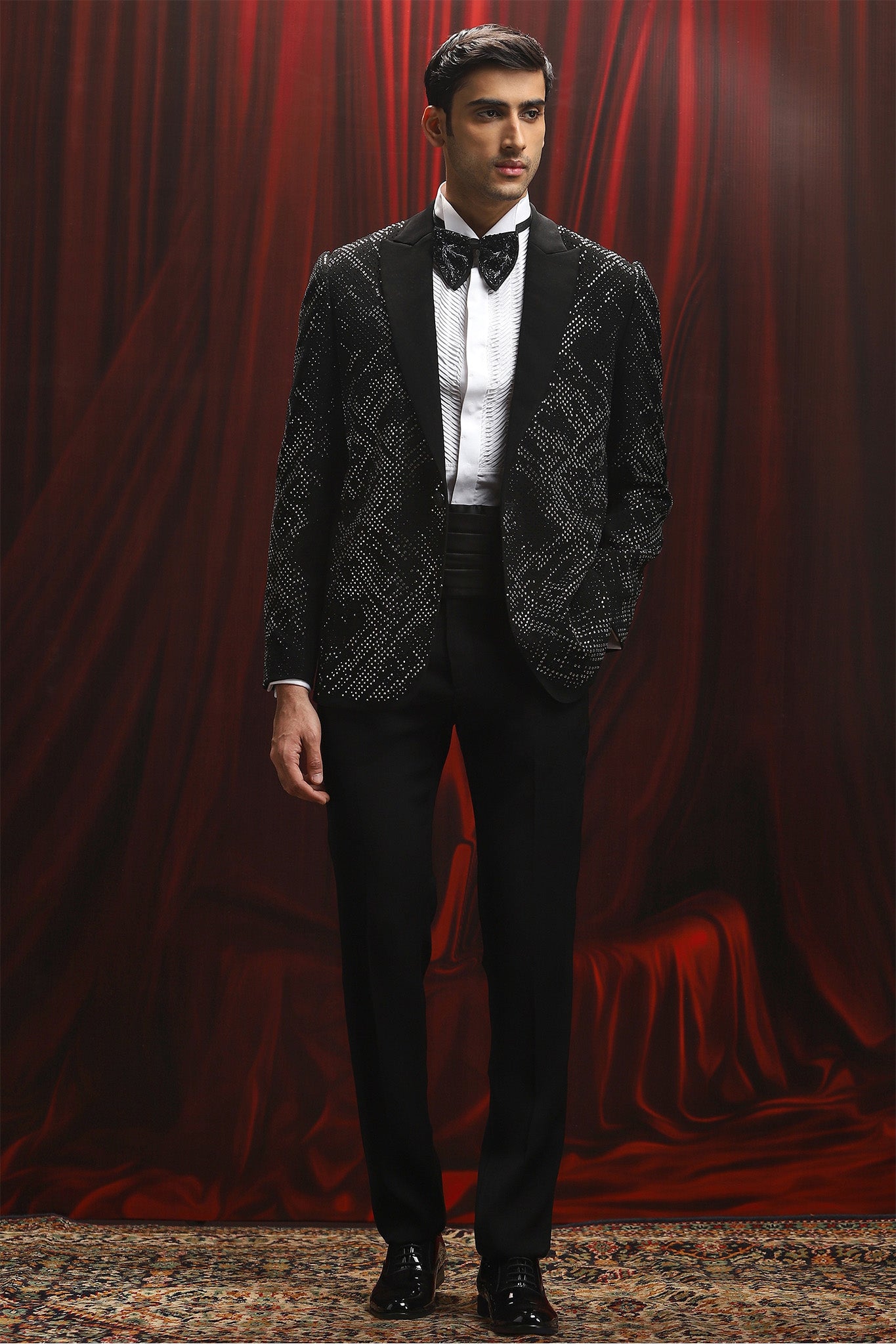 Black Sequin Embellished Velvet Tuxedo