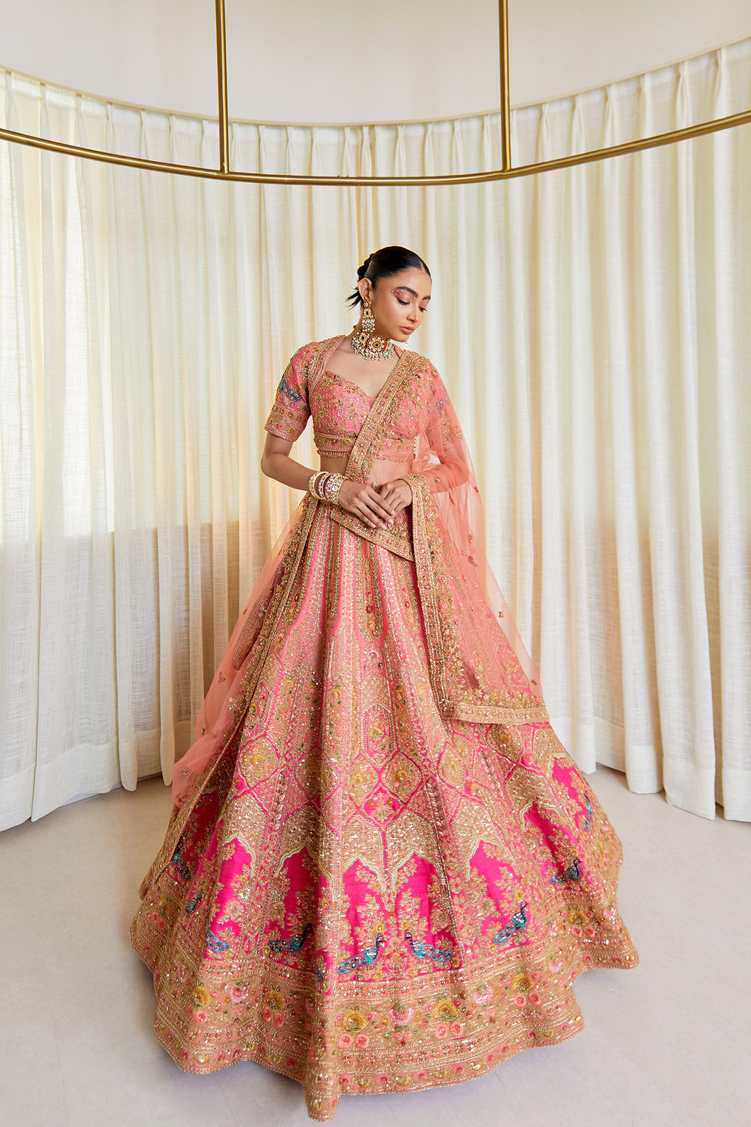 Begum Bahar Lehnega - oft Coral Raw Silk Zardosi Bridal Lehenga Set