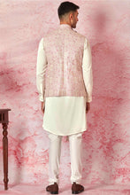 Load image into Gallery viewer, Pink Draped Asymmetrical Chanderi Silk Bundi with Ivory Satin Draped Kurta
