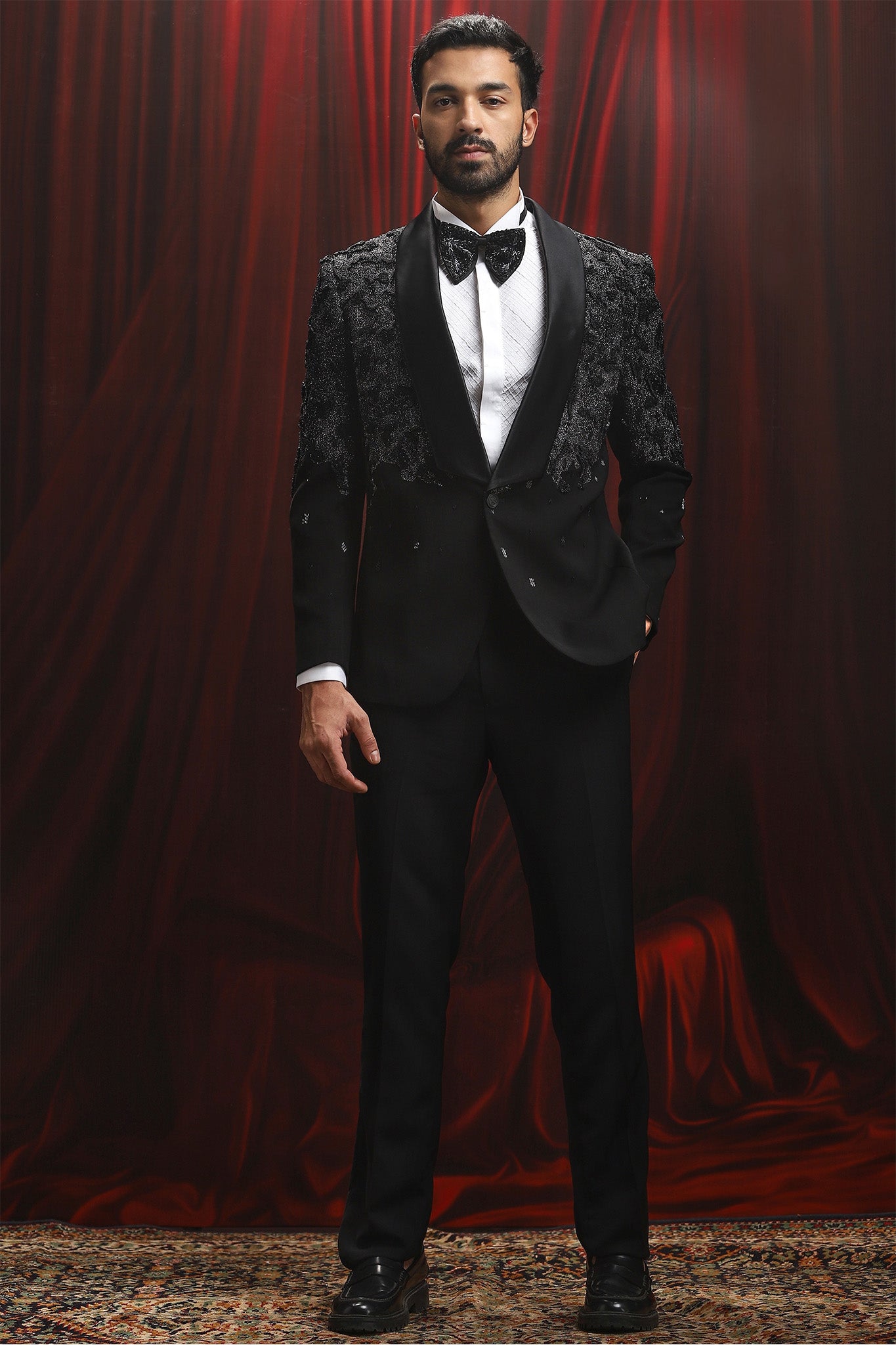 Black Textured Dori Embroidered Tuxedo