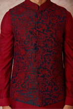 Load image into Gallery viewer, Navy Blue Raw Silk Bundi with Red Kiran Dori Embroidery
