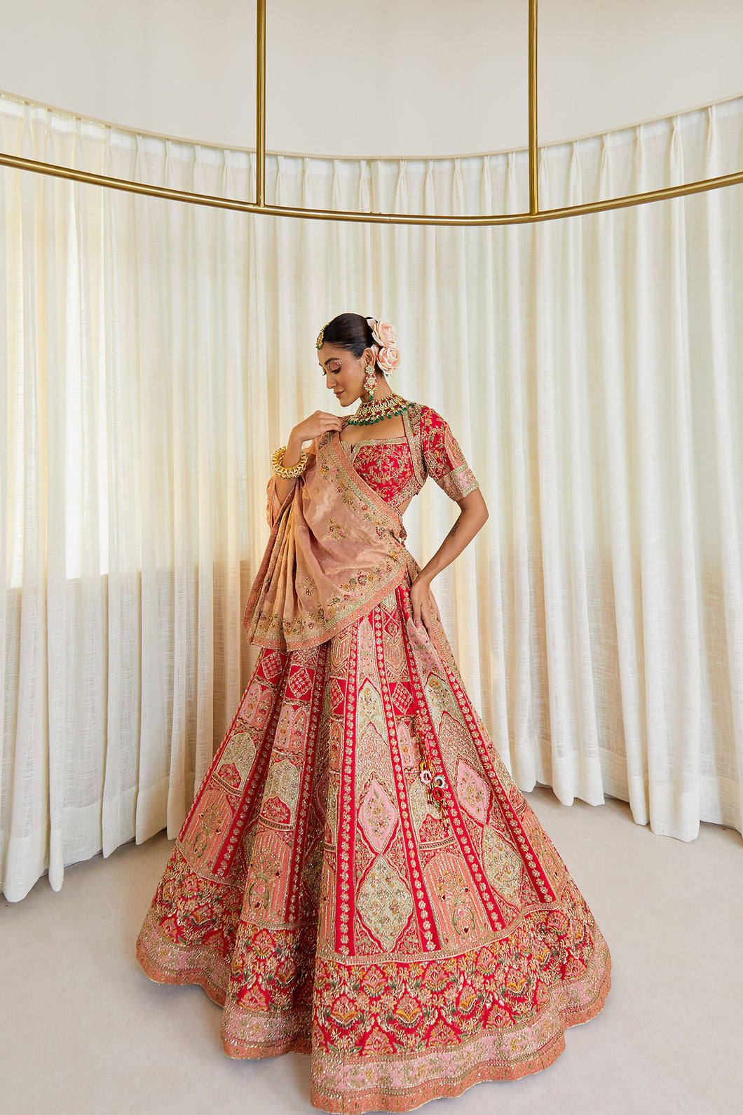 Jodha - Cherry Blossom Glow Raw Silk Zardosi Bridal Lehenga Set