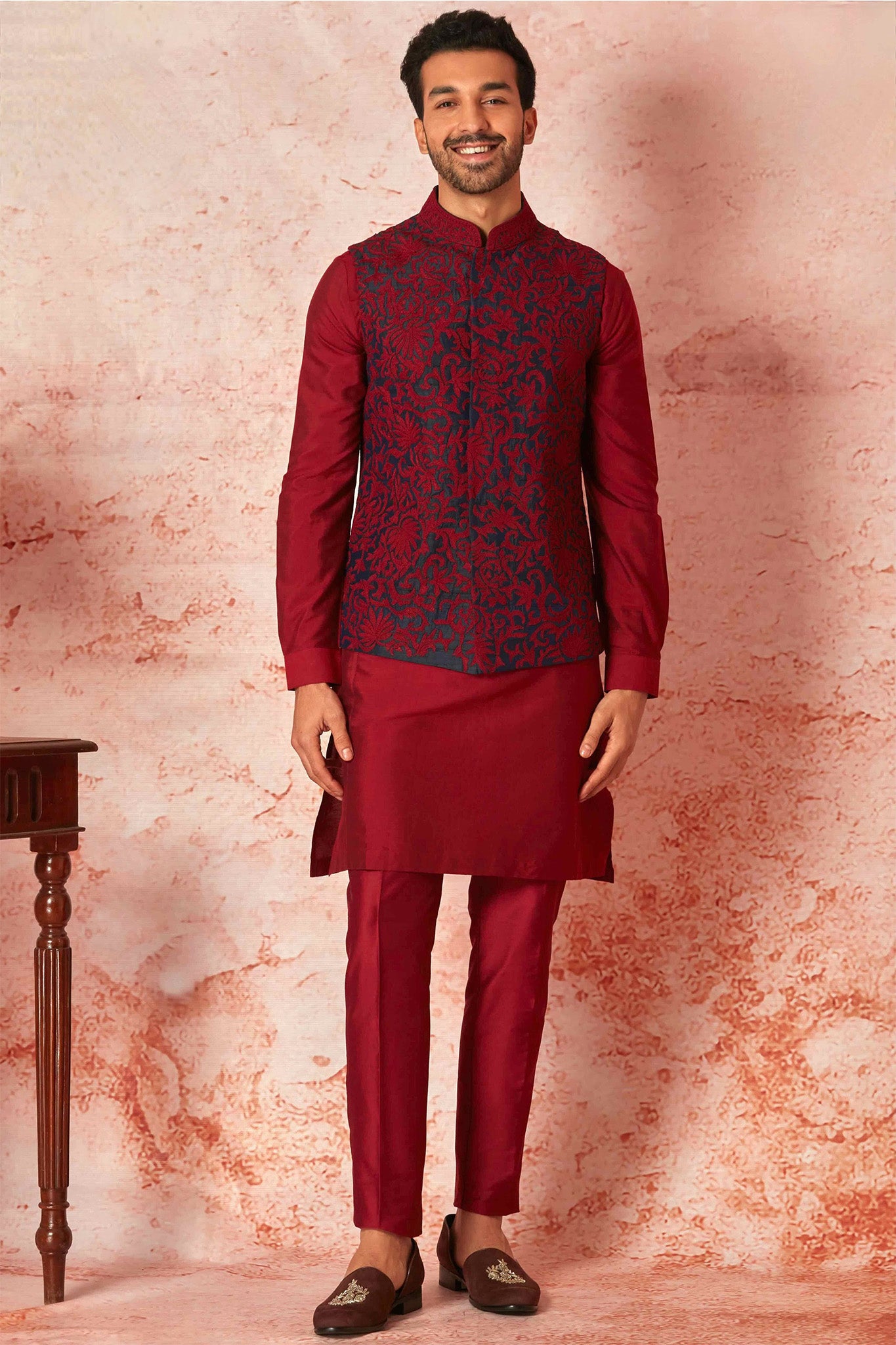 Navy Blue Raw Silk Bundi with Red Kiran Dori Embroidery