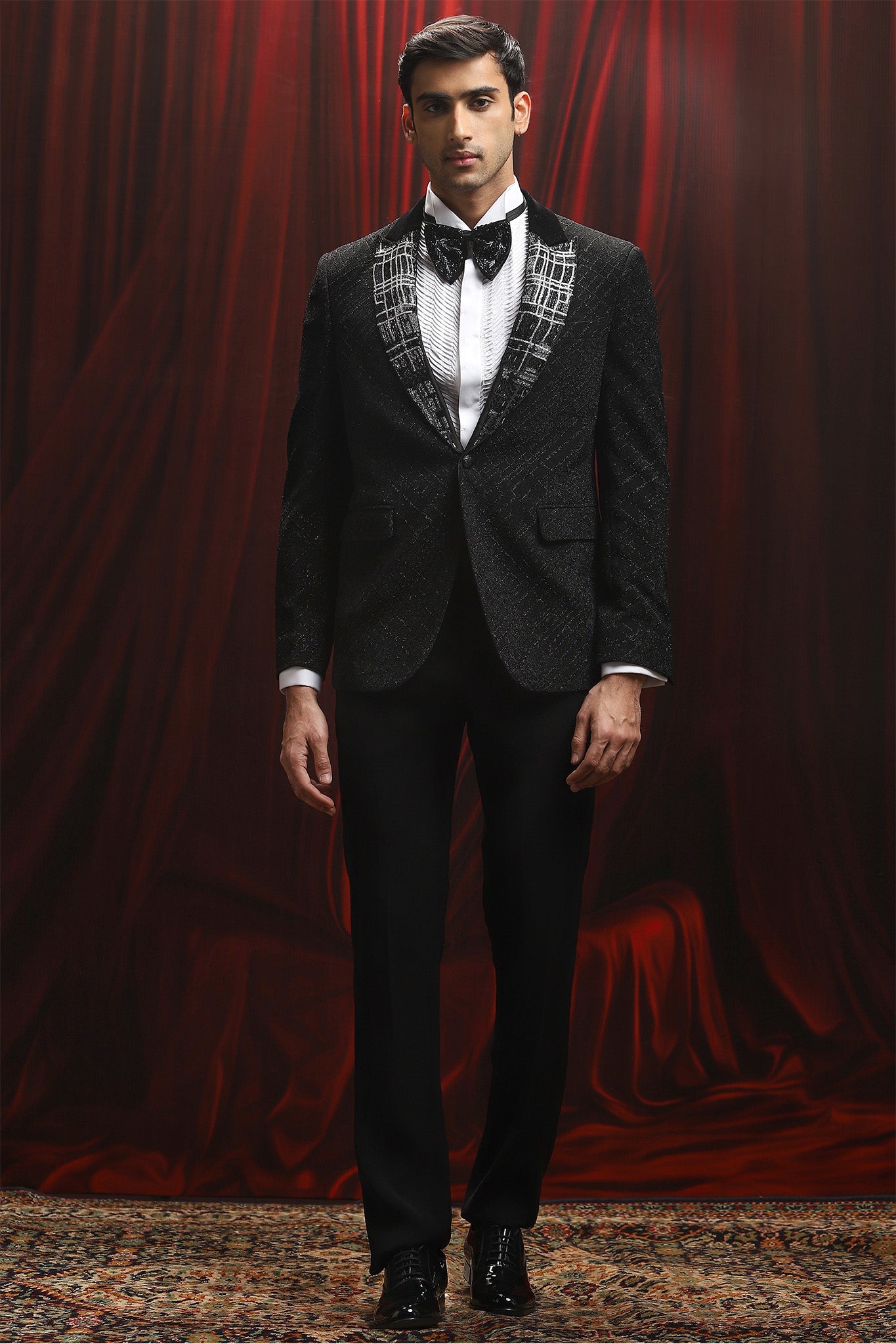 Black Jacquard Embellished Lapel Tuxedo