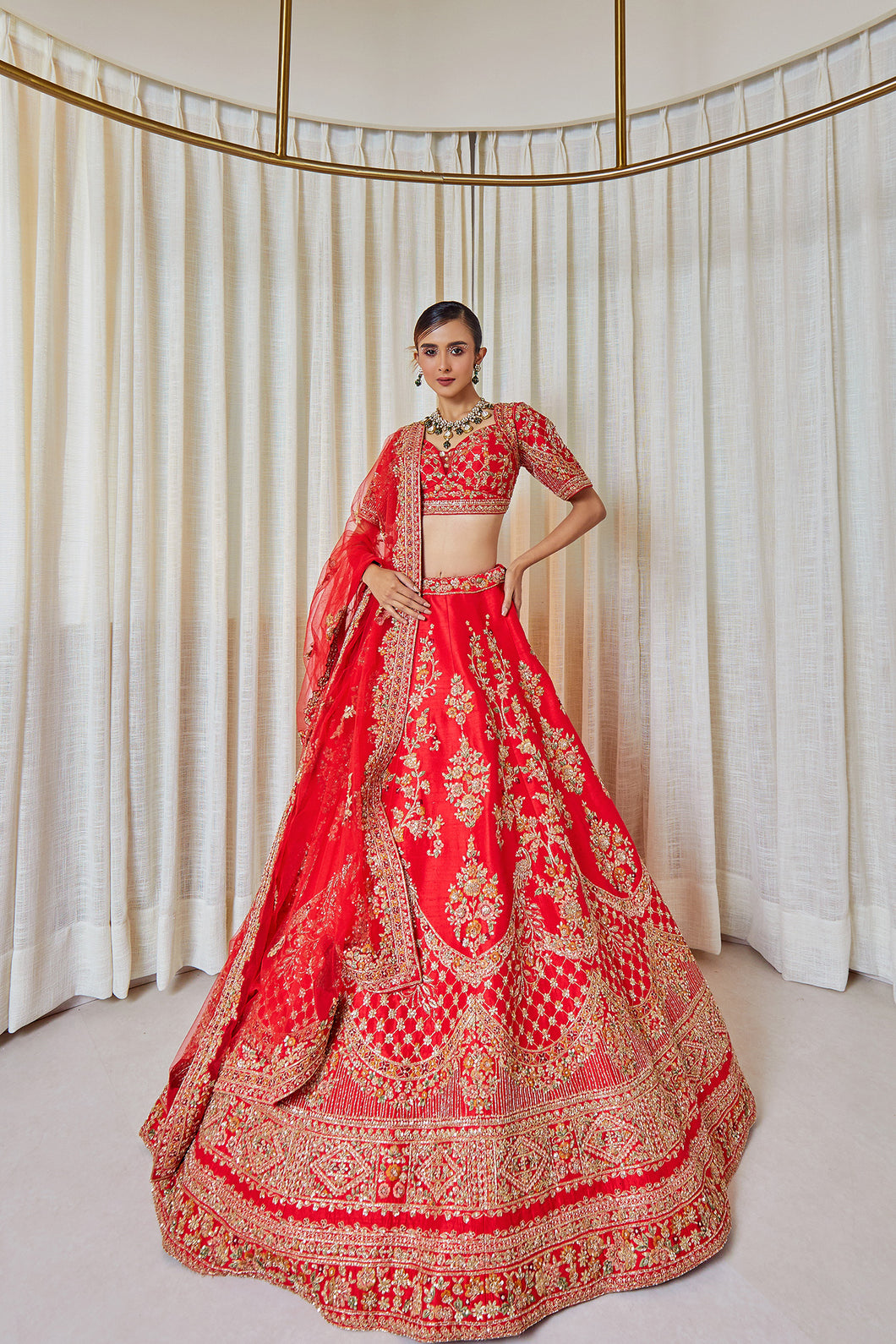 Morbel - Red Raw Silk Zardosi Bridal Lehenga Set