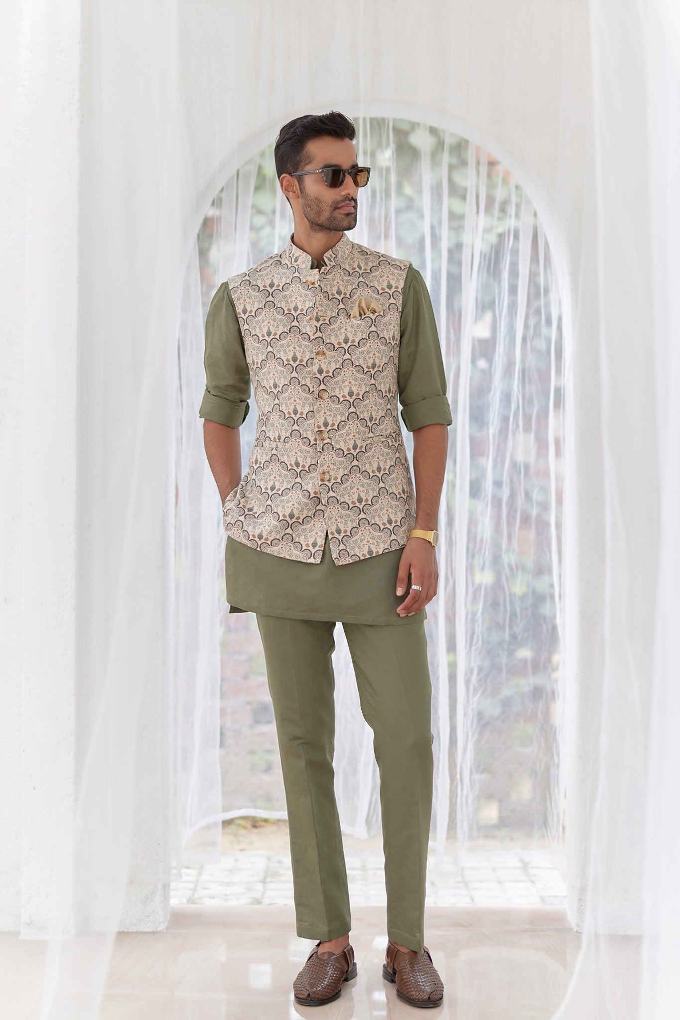 Sage Green Paisley Printed Bundi Set