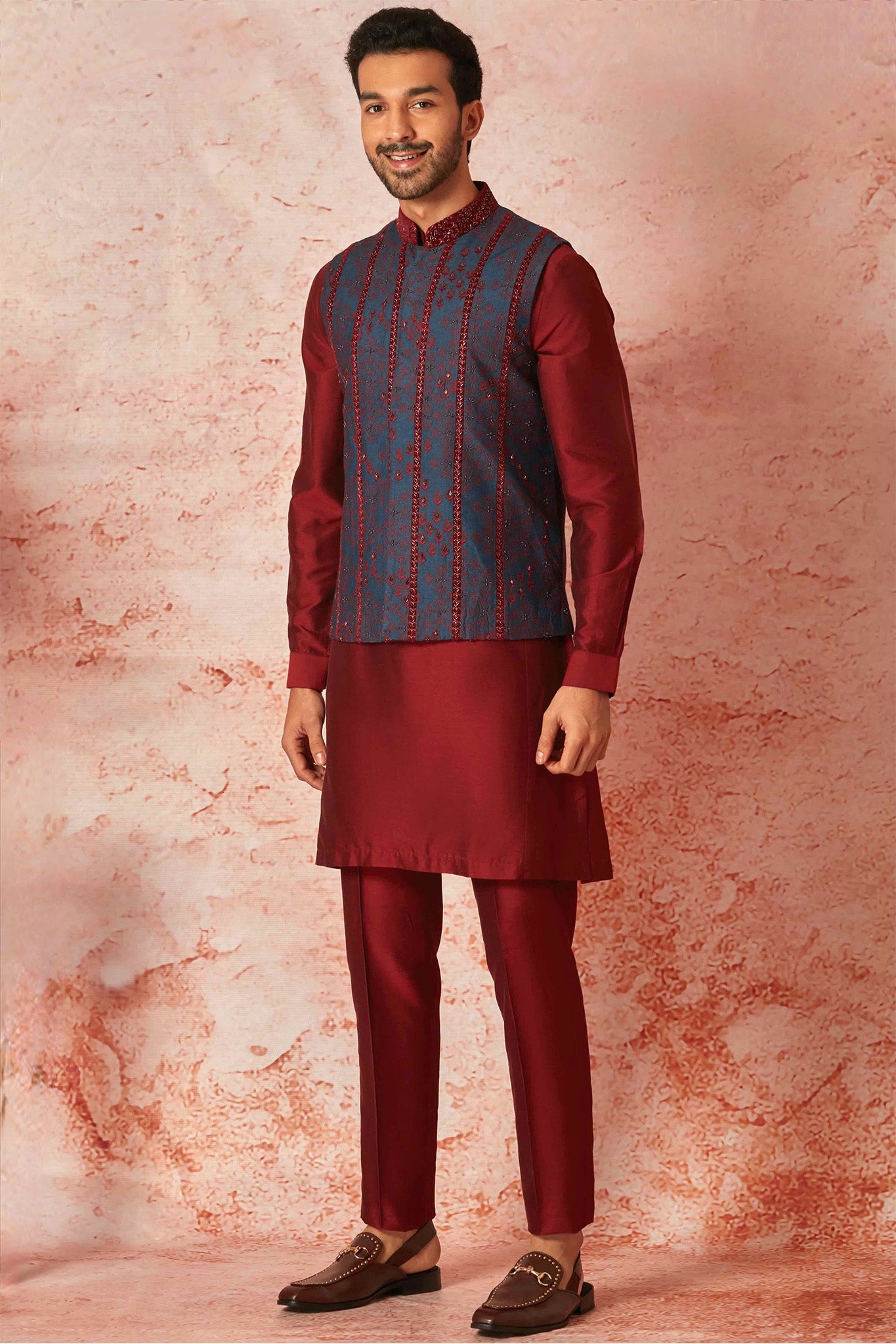 Maroon Raw Silk Kurta with Green-Blue Embroidered Bundi Set