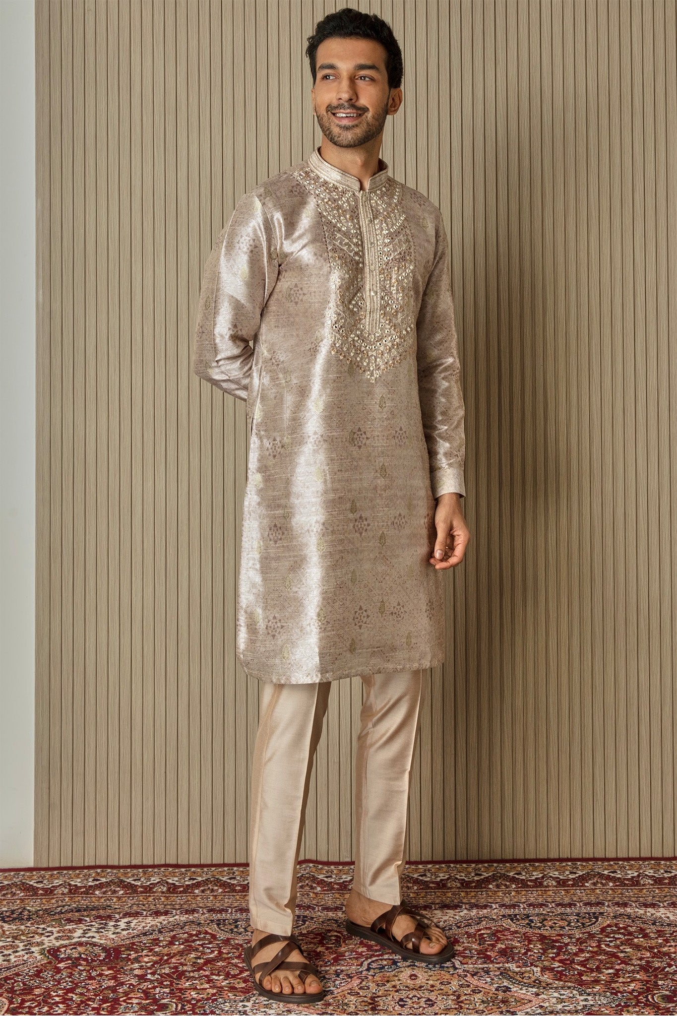 Printed Elegance Jacquard Silk Kurta with Mirror, Sequin, Resham, and Zari Work