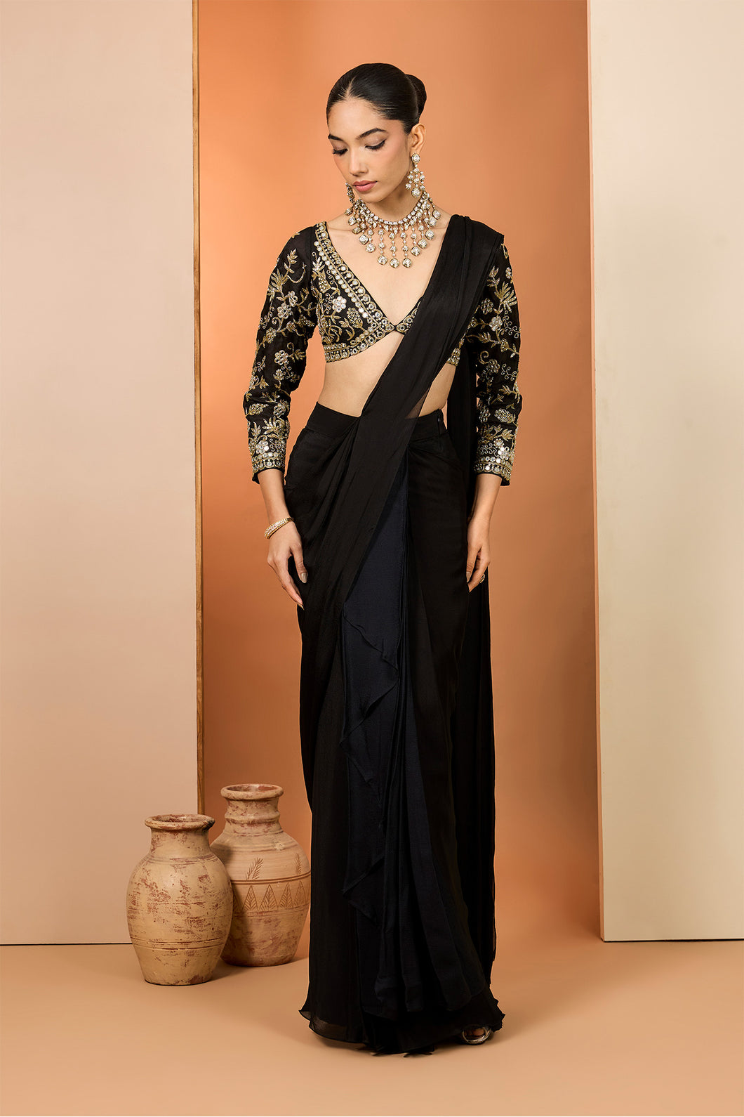 Viscose chiffon pre draped saree