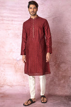 Load image into Gallery viewer, Majestic Maroon Chanderi Silk Kurta with All Over Resham Embroidery and Lurex
