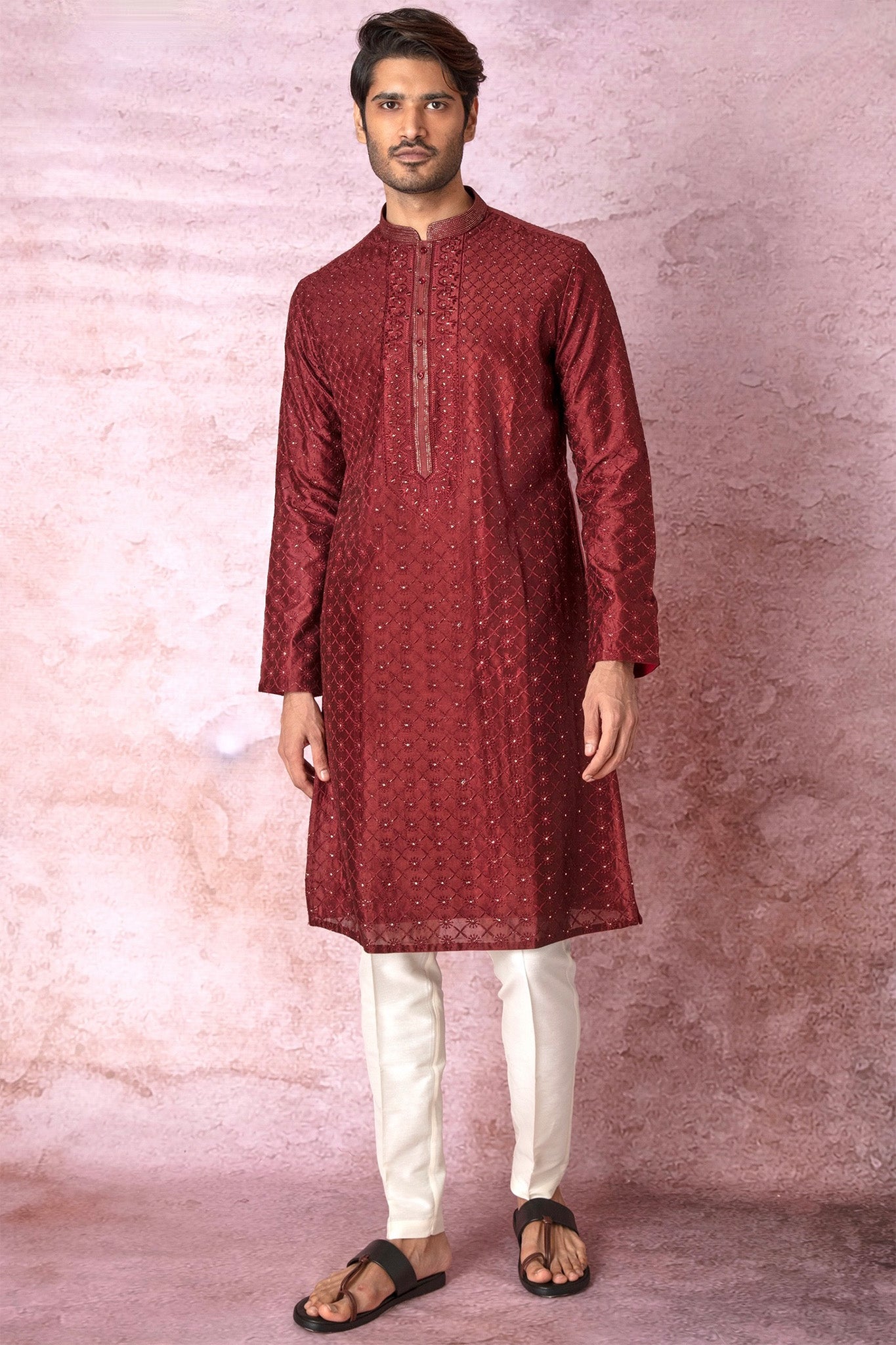 Majestic Maroon Chanderi Silk Kurta with All Over Resham Embroidery and Lurex