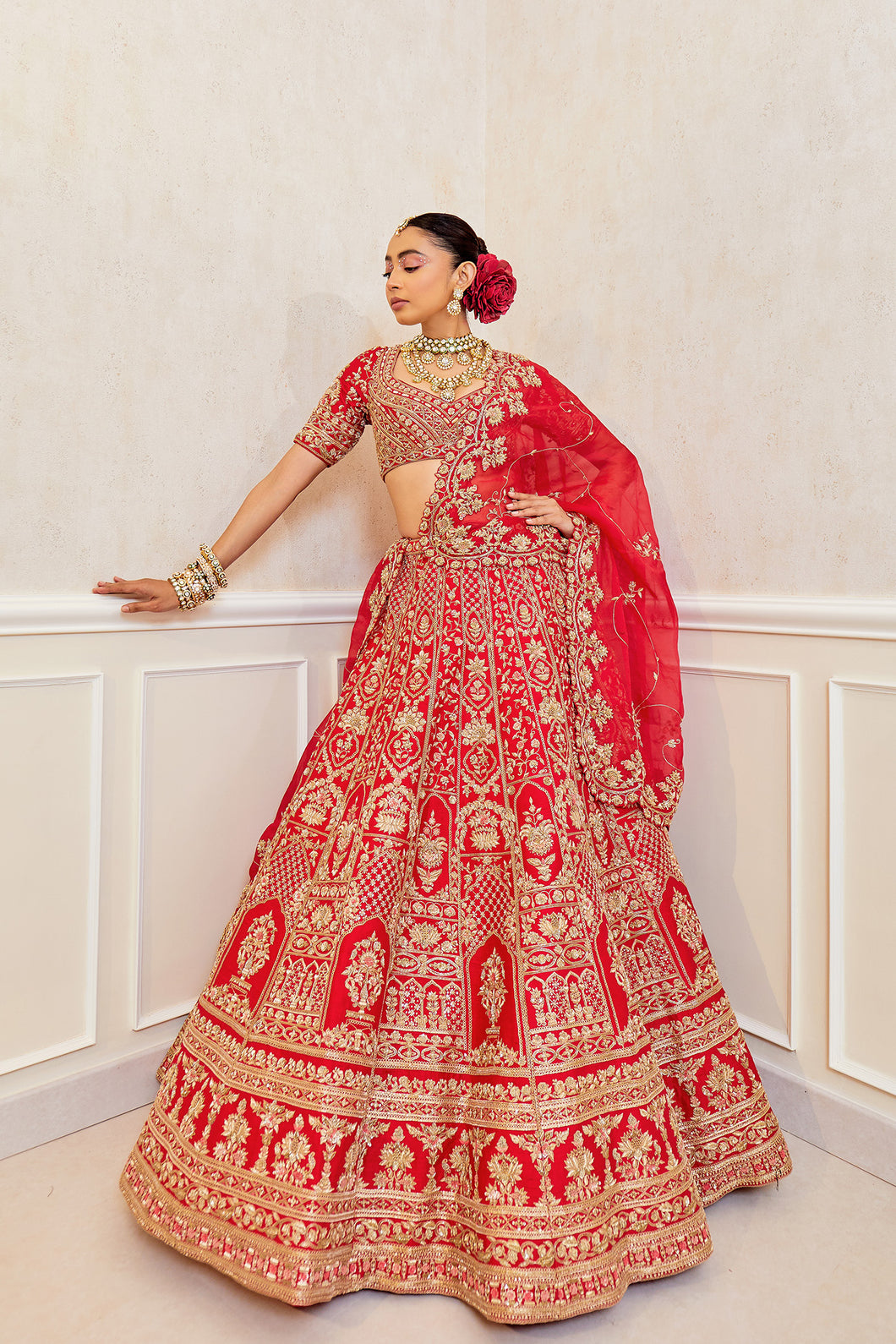 Mahasagar - Radiant Ruby Red Raw Silk Zardosi Bridal Lehenga Set
