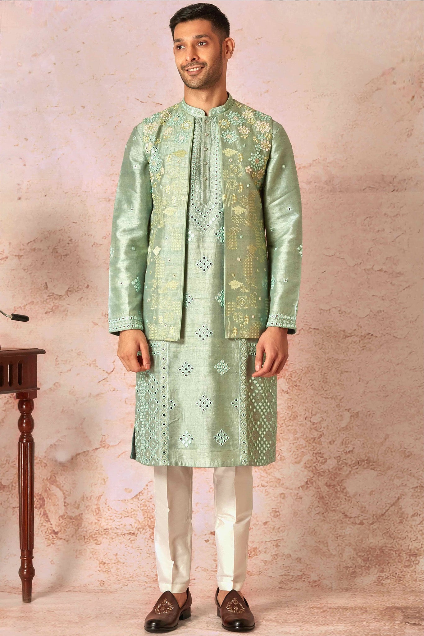 Green Raw Silk Open Bundi Set with Resham and Mirror Embroidery