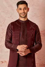 Load image into Gallery viewer, Wine Long Open Silk Bundi with Pleated Hand-Embroidered Chanderi Kurta
