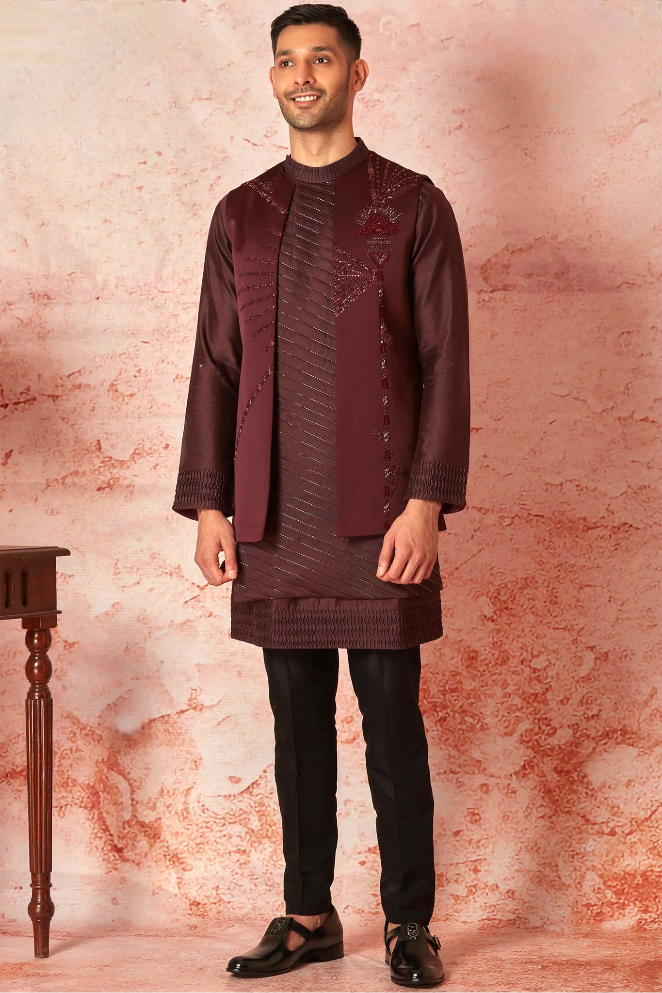 Wine Long Open Silk Bundi with Pleated Hand-Embroidered Chanderi Kurta