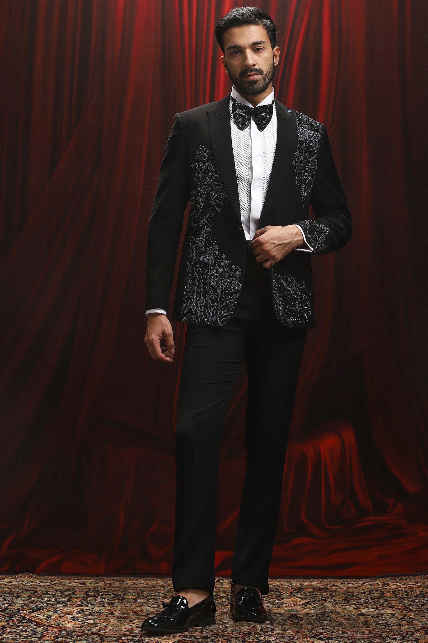 Black Velvet Blazer with 3D Metal Embellishments