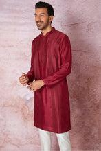 Load image into Gallery viewer, Timeless Maroon Chanderi Silk Kurta with Resham Embroidery, Tone on Tone Panel
