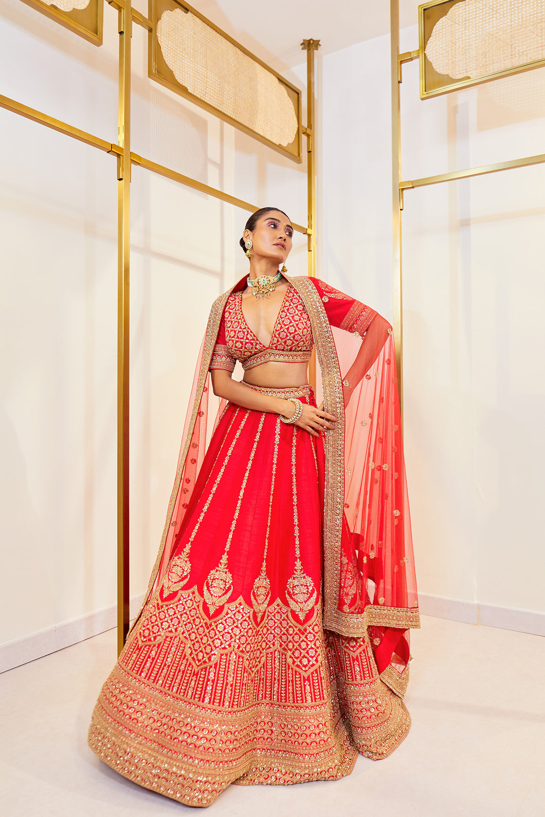 Diksha D 20 - Carmine Charm Red  Raw Silk Zardosi Bridal Lehenga Set