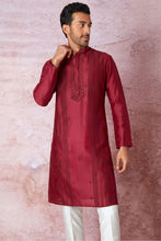 Load image into Gallery viewer, Timeless Maroon Chanderi Silk Kurta with Resham Embroidery, Tone on Tone Panel
