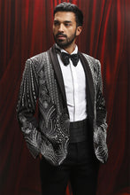 Load image into Gallery viewer, Black Cutdana Embroidered Velvet Blazer with Shawl Lapel
