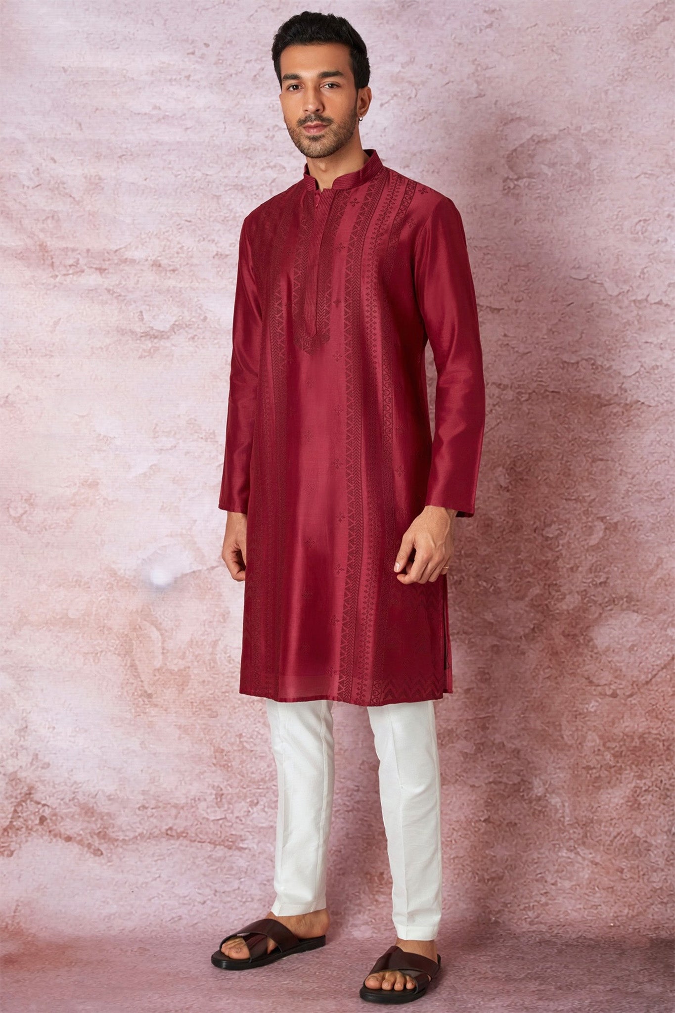Timeless Maroon Chanderi Silk Kurta with Resham Embroidery, Tone on Tone Panel