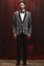 Load image into Gallery viewer, Black Cutdana Embroidered Velvet Blazer with Shawl Lapel
