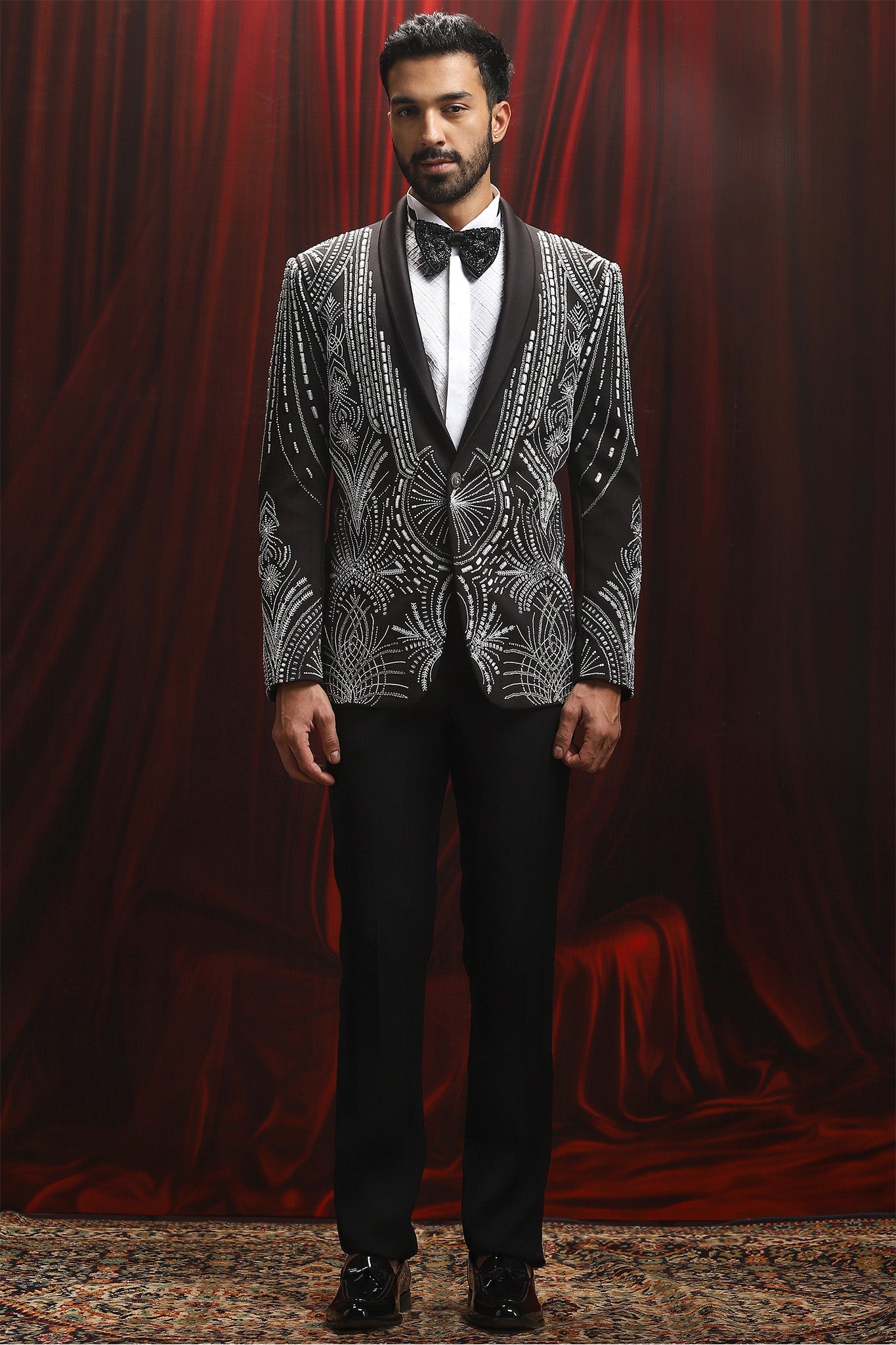 Black Cutdana Embroidered Velvet Blazer with Shawl Lapel