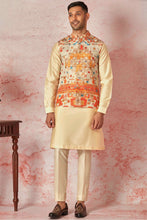 Load image into Gallery viewer, Cream Floral Embossed Linen Kurta Bundi Set
