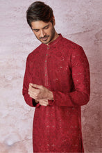 Load image into Gallery viewer, Red Radiance Chanderi Silk Kurta with Resham and Sequins, Cross Stitch Embroidery
