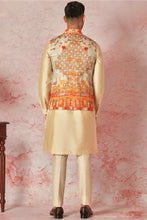 Load image into Gallery viewer, Cream Floral Embossed Linen Kurta Bundi Set
