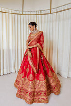 Load image into Gallery viewer, Tircha Pan - Ruby Jewel Red Raw Silk Zardosi Bridal Lehenga Set
