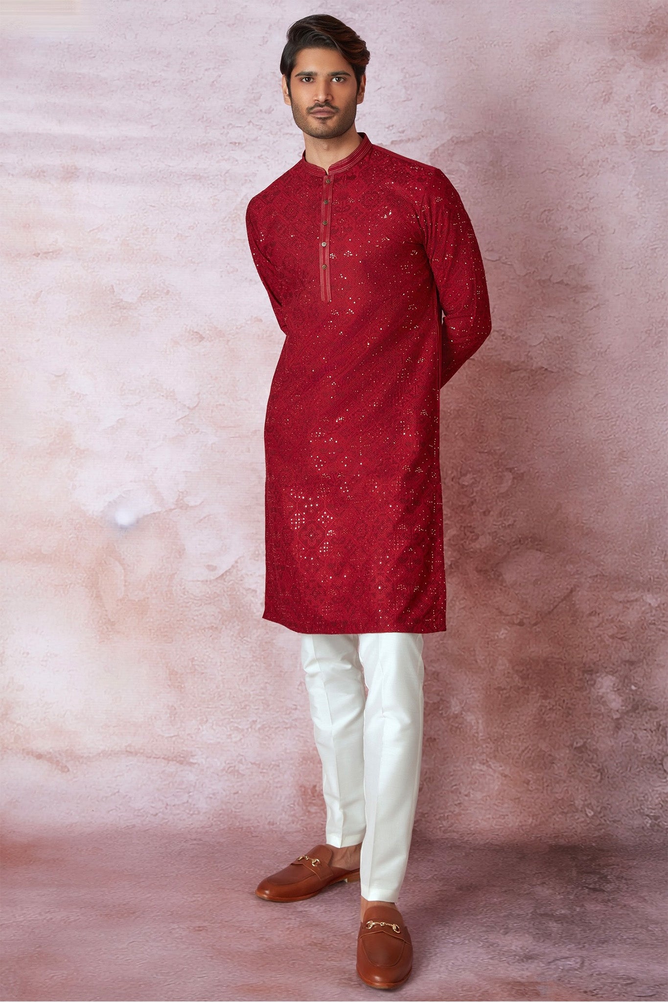 Red Radiance Chanderi Silk Kurta with Resham and Sequins, Cross Stitch Embroidery