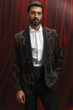 Load image into Gallery viewer, Black Multicolor Lapelle Embroidered Velvet Blazer
