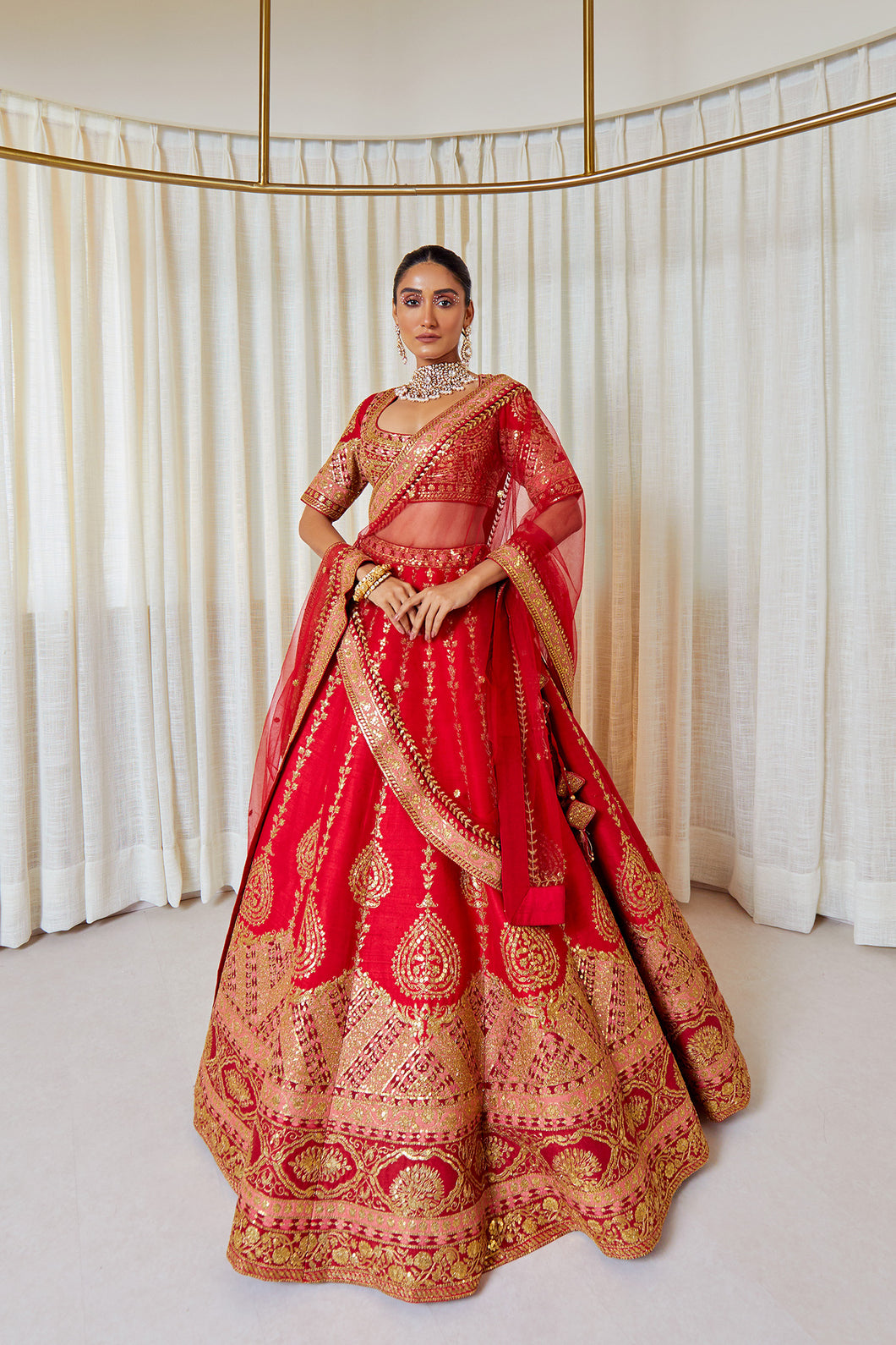 Tircha Pan - Ruby Jewel Red Raw Silk Zardosi Bridal Lehenga Set