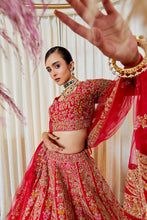Load image into Gallery viewer, Eena - Scarlet Red  Raw Silk Zardosi Bridal Lehenga Set
