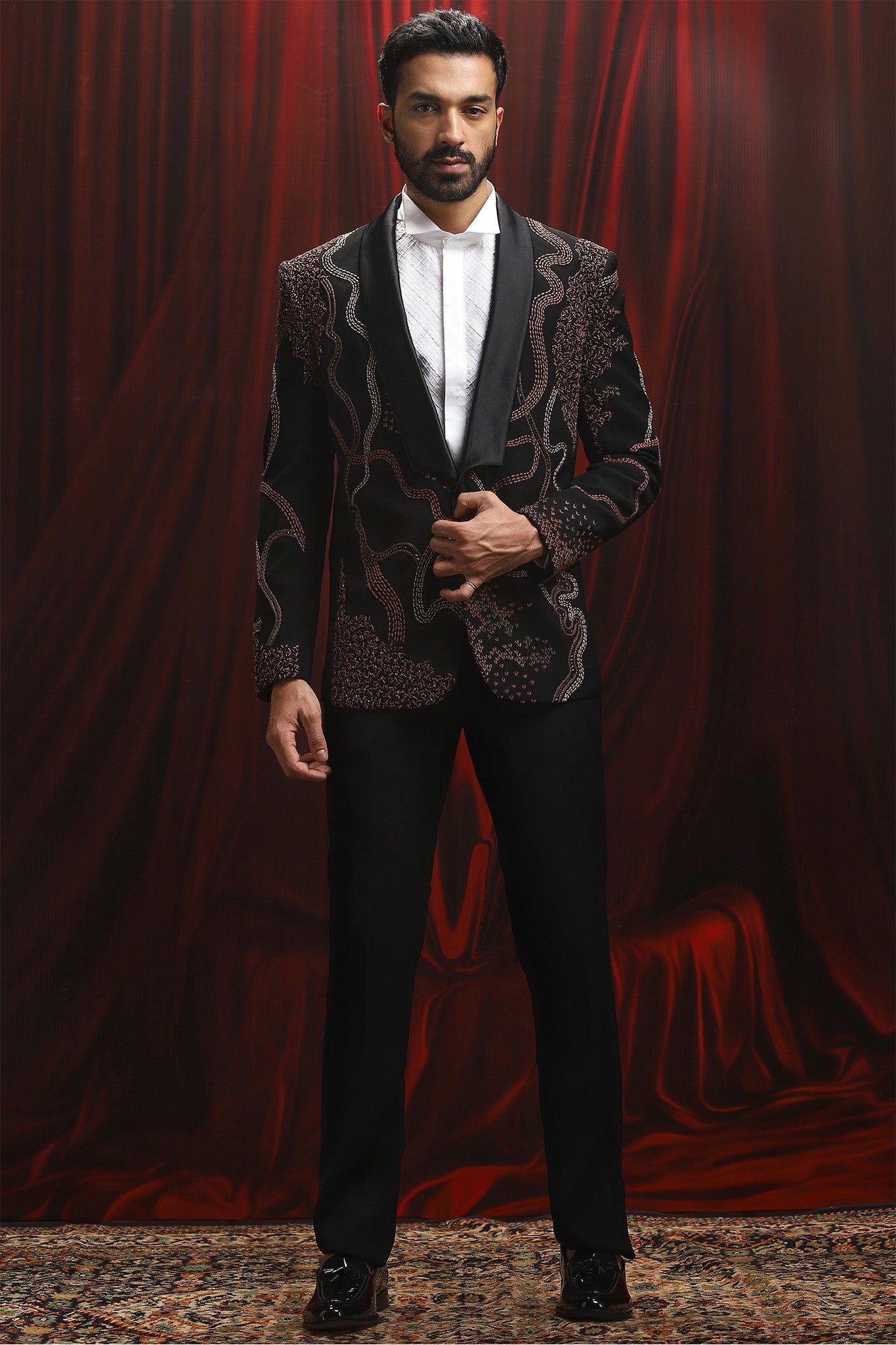 Black Multicolor Lapelle Embroidered Velvet Blazer