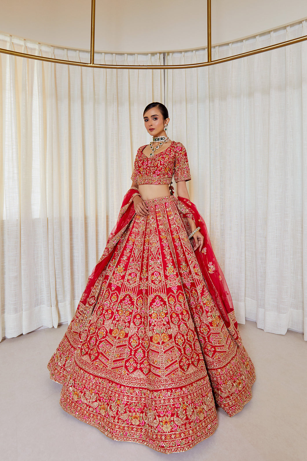 Eena - Scarlet Red  Raw Silk Zardosi Bridal Lehenga Set