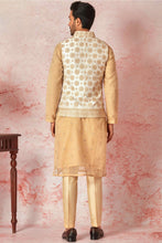 Load image into Gallery viewer, Cream Raw Silk Bundi with Beige Tussar Silk Kurta Set
