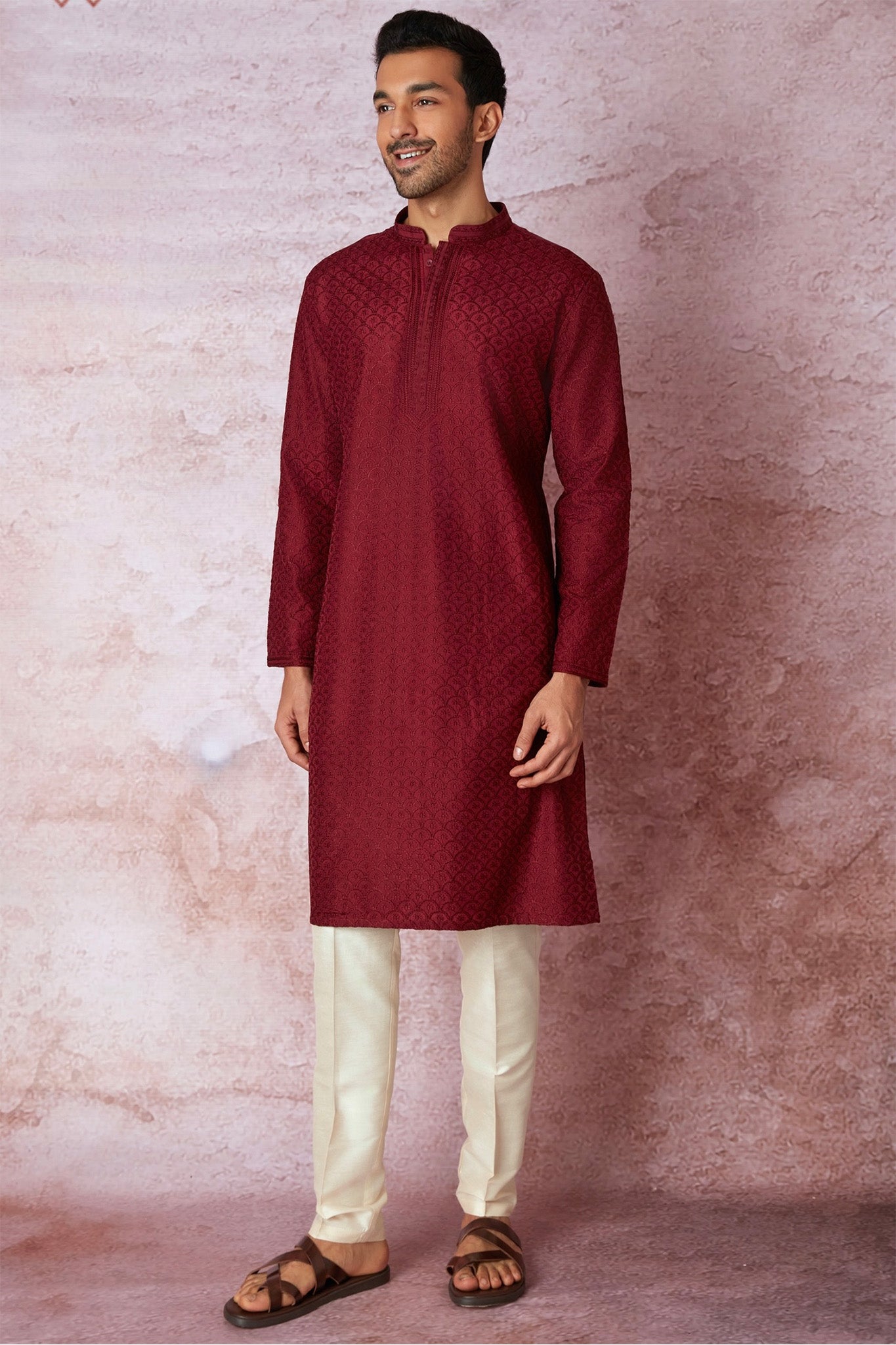 Maroon Elegance All Over Embroidered Resham Kurta with Floral Motifs