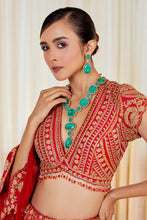 Load image into Gallery viewer, Barfi Mor - Red Raw Silk Zardosi Bridal Lehenga Set

