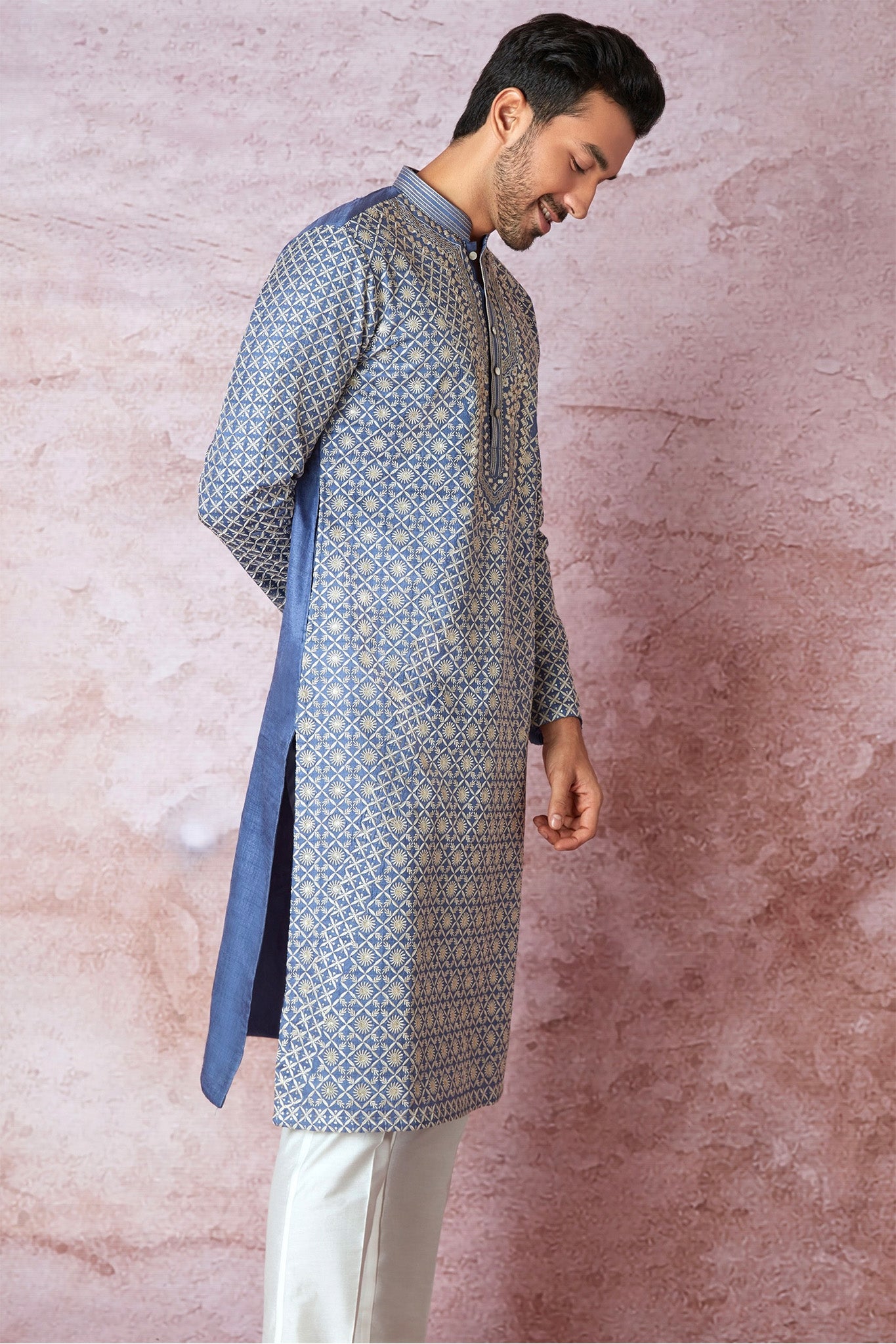 Blue Haze Beauty Tussar Silk Kurta with Resham, Sequin, and Lurex Embroidery