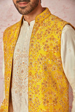 Load image into Gallery viewer, Mustard Raw Silk Long Bundi with Cream Silk Short Kurta
