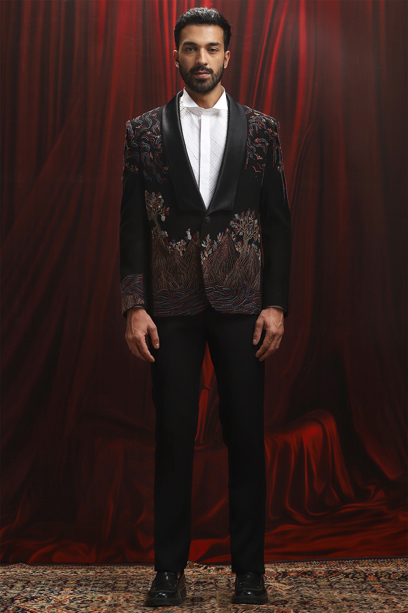 Black Multicolor Kantha Embroidered Velvet Blazer