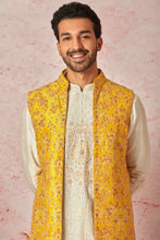 Load image into Gallery viewer, Mustard Raw Silk Long Bundi with Cream Silk Short Kurta
